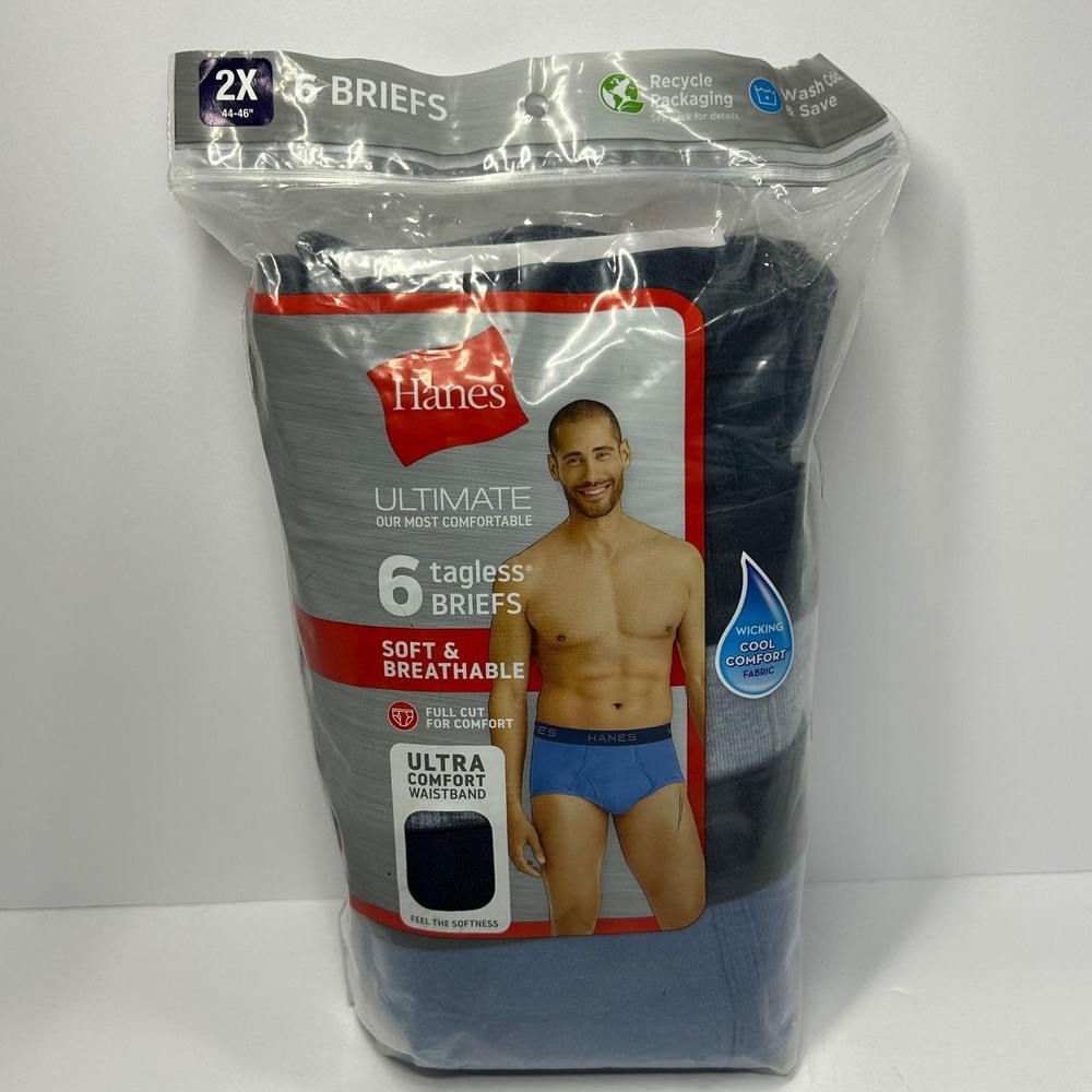 Hanes Ultimate 6 Pack Tagless Briefs 2XL Blue Grey Soft Breathable 7764LX New
